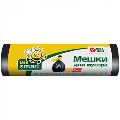 30л, ПНД, 20шт, рулон, черные, 5мкм, 47*57см пакеты д/мусора BEE SMART 1/80
